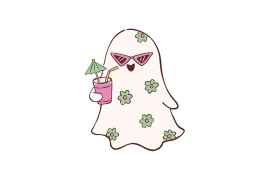 Cute retro groovy ghost character drinking tropical cocktail for funny halloween party Design