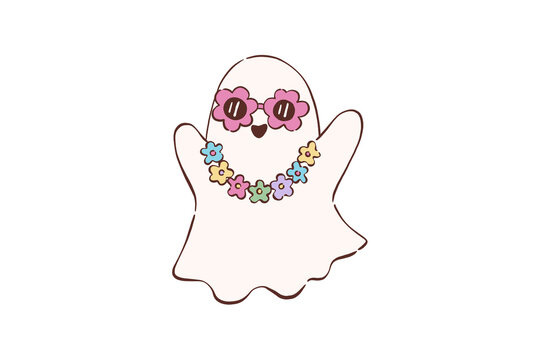  Hippie retro friendly ghost character wearing flower necklace and cool sunglasses art Design