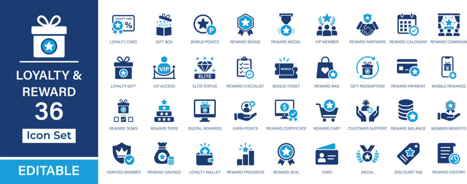 Loyalty and Reward 36 editable solid icon set. Loyalty, rewards, membership, cashback and gift vector icons for UI, UX, web and app design.