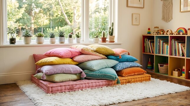 Cozy reading nook with a pile of colorful floor cushions and pillows in a bright sunlit playroom
