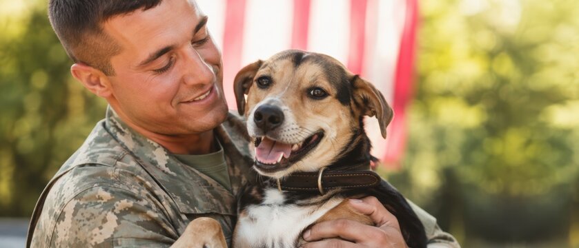 Smiling soldier in camouflage uniform holding his happy mixed breed dog during an emotional outdoor homecoming with an American flag behind them