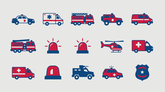 Emergency and rescue vehicle flat icon set.