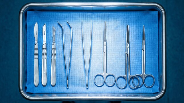 Medical tools including scalpels, forceps, and scissors prepared for surgery in an operating room.