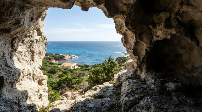 Ocean view through ancient stone archway. Dramatic coastal scene with natural rock frame and turquoise waters.
