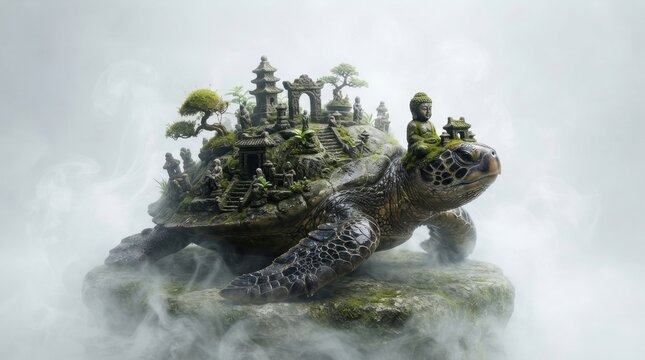 Fantasy sea turtle carrying a miniature ancient temple landscape