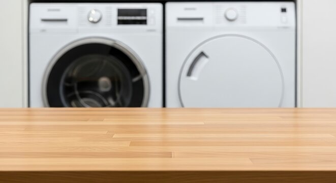 Empty Wooden Tabletop with Blurred Laundry Room Background Featuring Washing Machine and Dryer for Product Placement Mockup