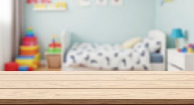 Empty wooden table top on blurred child's bedroom background for product display