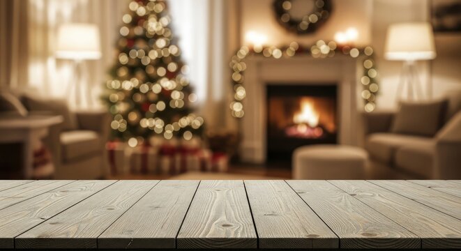 Empty wooden table top with blurred living room background decorated for Christmas featuring a glowing tree and cozy fireplace