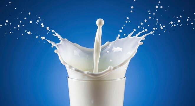 Dynamic splash of fresh white milk in a glass against a vibrant blue background