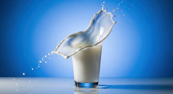 Dynamic milk splash in a glass against a vibrant blue background, fresh dairy drink concept