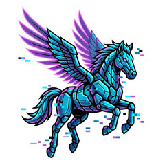 Naklejka premium Digital artwork shows a robotic horse with wings in flight amidst a pixelated background