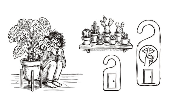 Hand drawn introvert concept doodle set featuring a shy person hiding behind plants cactus shelf and quiet door hangers
