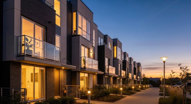 Modern luxury townhouse complex at sunset with warm illuminated windows and sleek contemporary architecture