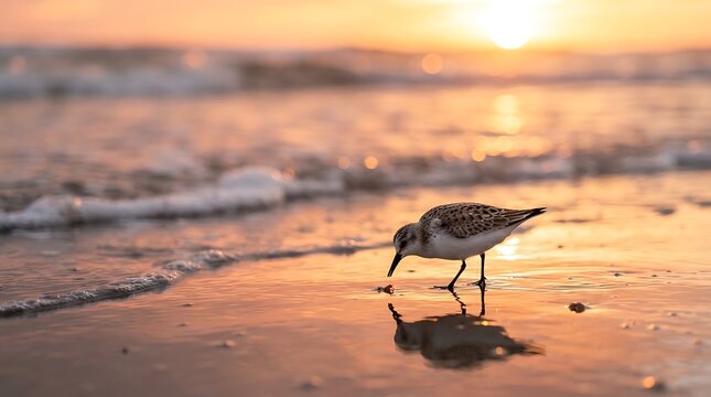 Sandpiper bird walking along sunset beach. Coastal shore bird hunting at golden hour twilight.