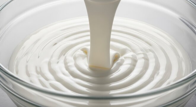 Close-up of Thick White Cream Pouring into a Glass Bowl with Ripples and Waves