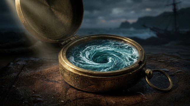 Vintage compass with whirlpool ocean inside