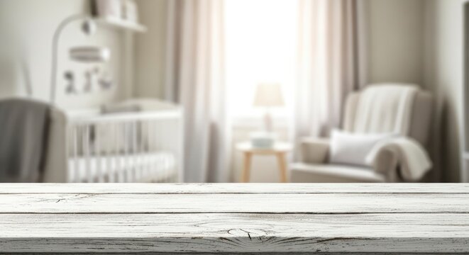 Empty white wooden table top with blurred nursery room background for product display