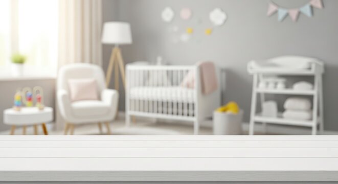 Empty White Wooden Table Top with Blurred Baby Nursery Room Background, Modern Interior Mockup