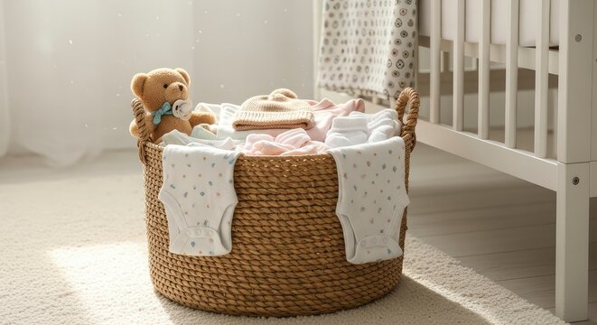 Wicker Basket with Baby Clothes and Teddy Bear in Sunlit Nursery