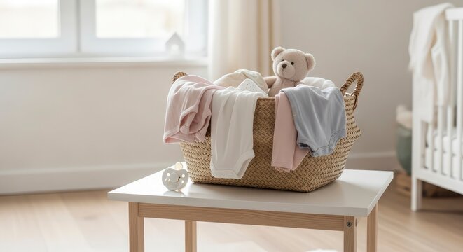 Wicker basket filled with baby clothes and a teddy bear on a white table in a bright nursery