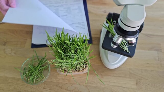 Examining plants under a microscope in a lab setting with notes and samples present