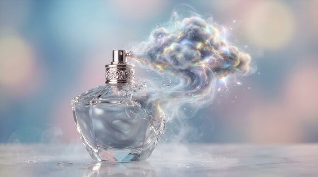 Glass perfume bottle with swirling magical smoke cloud