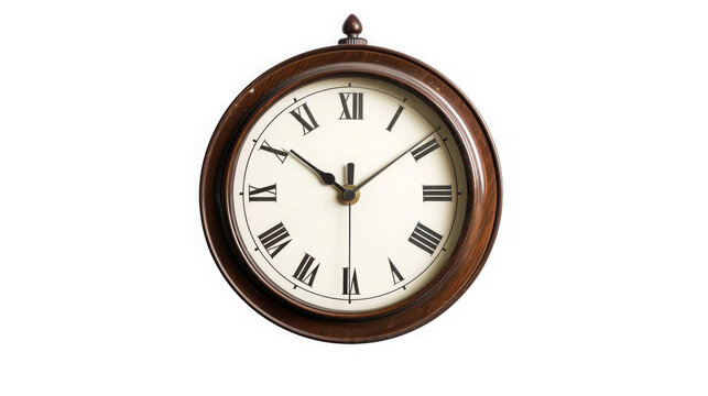 Vintage wooden wall clock with roman numerals on transparent background