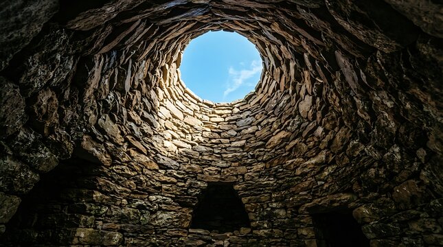 Ancient stone dome ceiling with natural skylight. Mysterious underground chamber bathed in ethereal sunlight.