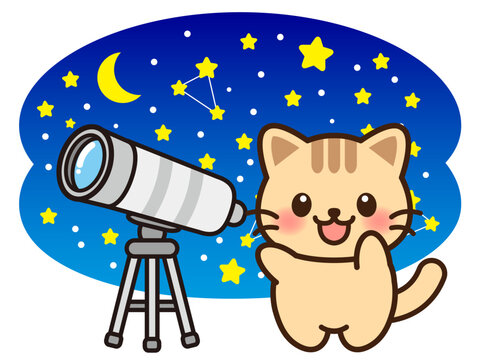 望遠鏡で天体観測する猫のイラスト素材4