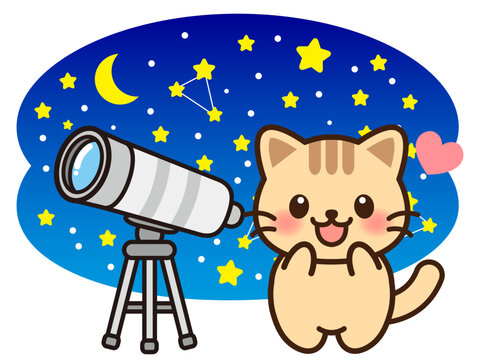 望遠鏡で天体観測する猫のイラスト素材