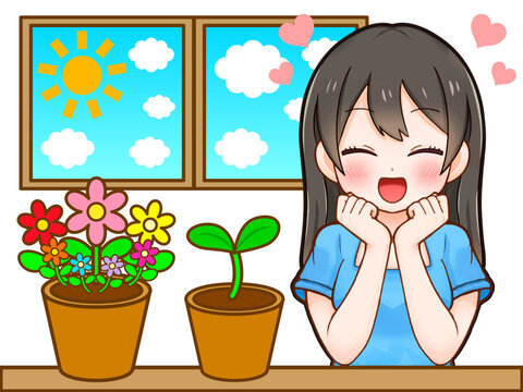お部屋で観葉植物を育てる女性のアニメ系イラスト素材2
