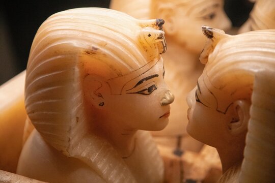 View of detailed ancient Egyptian alabaster statues featuring pharaonic headgear and intricate facial carvings at the Giza Necropolis in Al Haram, Giza Governorate, Egypt.