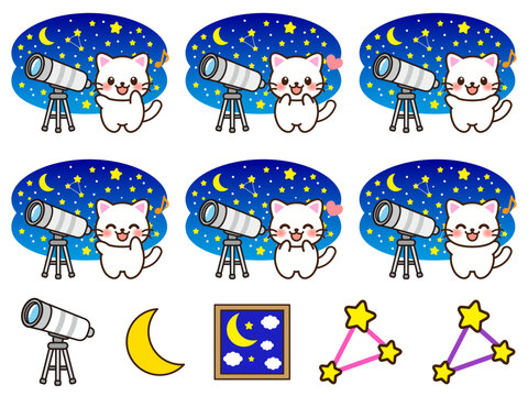 望遠鏡で天体観測する猫のイラスト素材セット