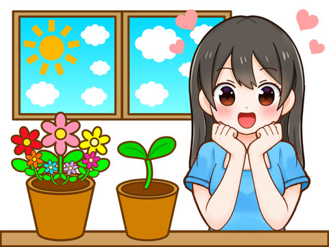 お部屋で観葉植物を育てる女性のアニメ系イラスト素材