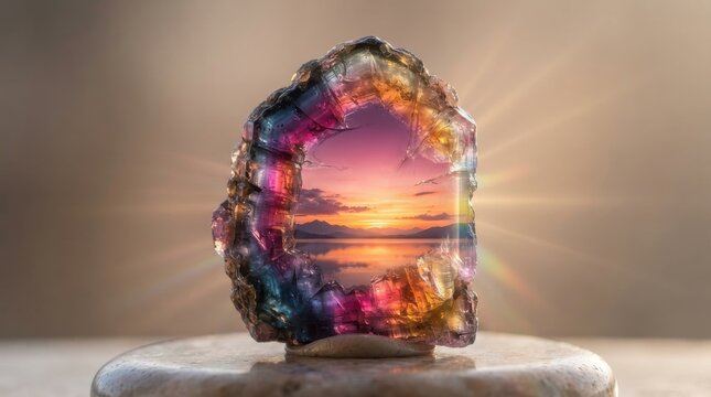 Rainbow geode crystal containing a scenic mountain sunset