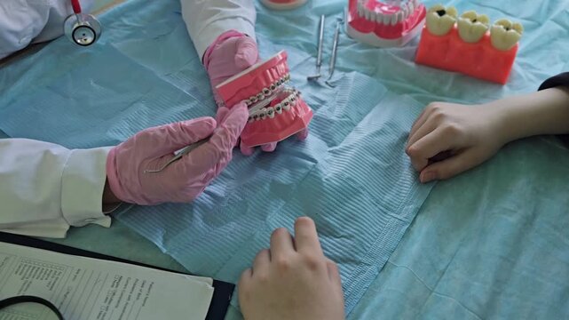Demonstration of dental procedures with models at a dental clinic