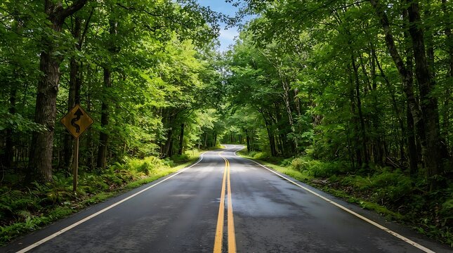 Scenic empty road winding through lush green forest canopy. Serene woodland drive with vibrant foliage and clear sky.