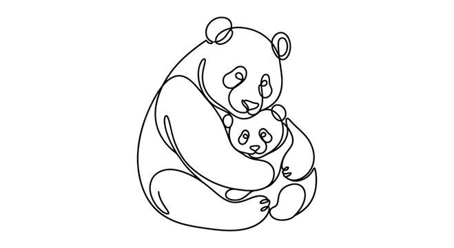Continuous single line drawing of mother panda hugging her baby.
