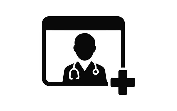 Black silhouette icon of a doctor with a stethoscope in a computer window with a medical plus sign