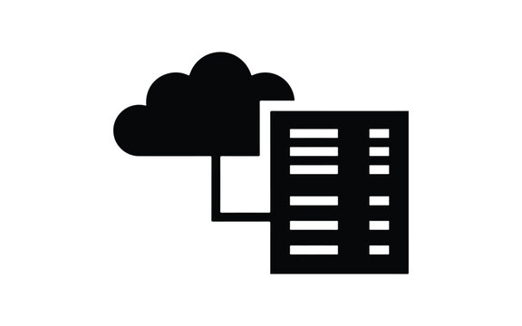 Black cloud icon connected to a server rack tower symbol for computer data storage and web network
