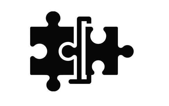 Black silhouette icon of two puzzle pieces connecting together isolated on a plain white background