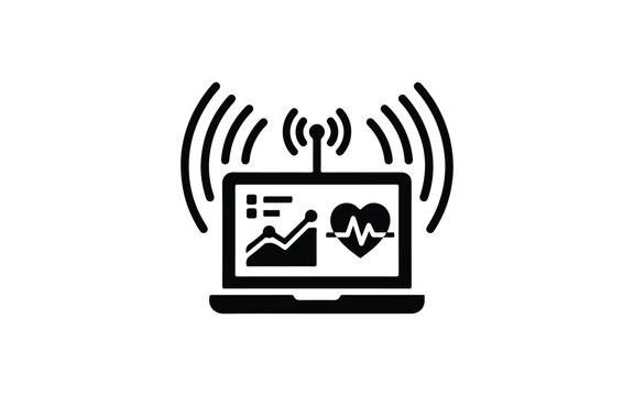 Black silhouette icon of a laptop showing medical data and health heartbeat connected to wireless wifi