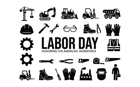 Labor day set of construction equipment tools and worker icons isolated on a clean white background