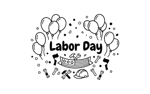 Labor day hand drawn doodle design with american flag balloons tools and hard hat on white background