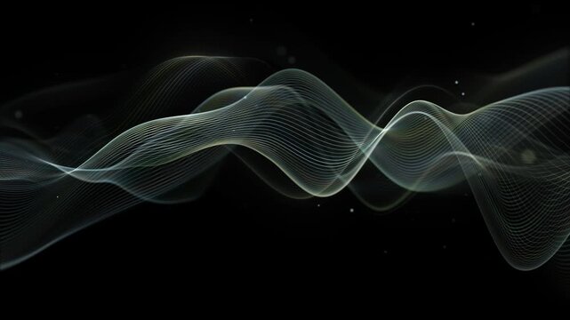 Abstract monochrome glowing waves made of smooth silver lines and floating particles. Elegant futuristic waveform distortion on dark background. Minimal digital frequency. Seamless loop 4K 60 fps