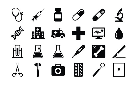 Set of black medical and healthcare icons isolated on a white background for hospital clinic design