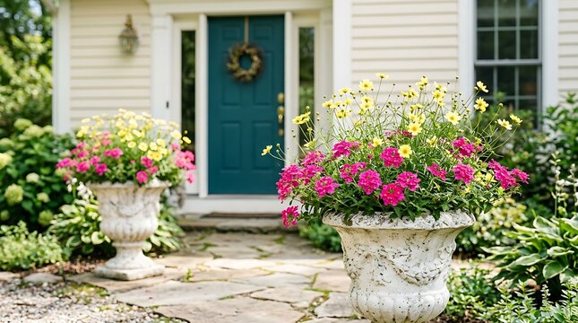 Charming front porch with vibrant potted flowers. Curb appeal garden decor for suburban homes.