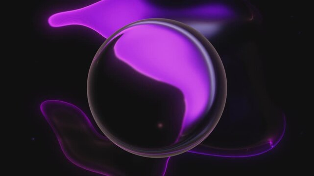 Glass sphere of liquid violet substance with glowing particles on black background. Reflective 3D orb holds swirling purple smoke inside. Magenta ribbon streaks flow around glossy core. energy ball.