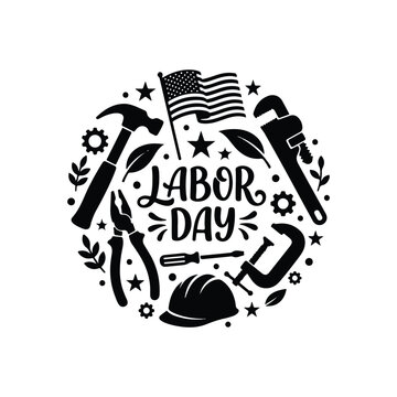 Labor day celebration badge design with tools and american flag isolated on a white background