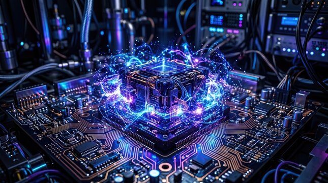 Futuristic quantum computer processor chip glowing with bright blue light energy on a complex motherboard circuit